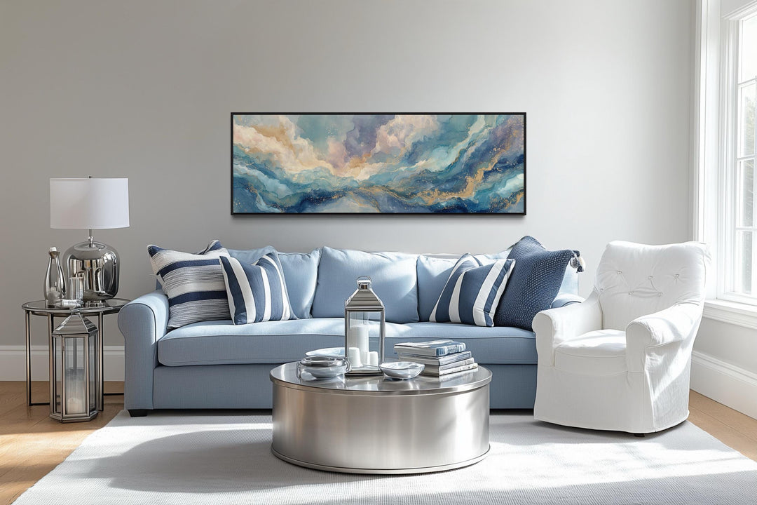 Soft Blue And Gold Abstract Long Horizontal Marble Style Wall Art
