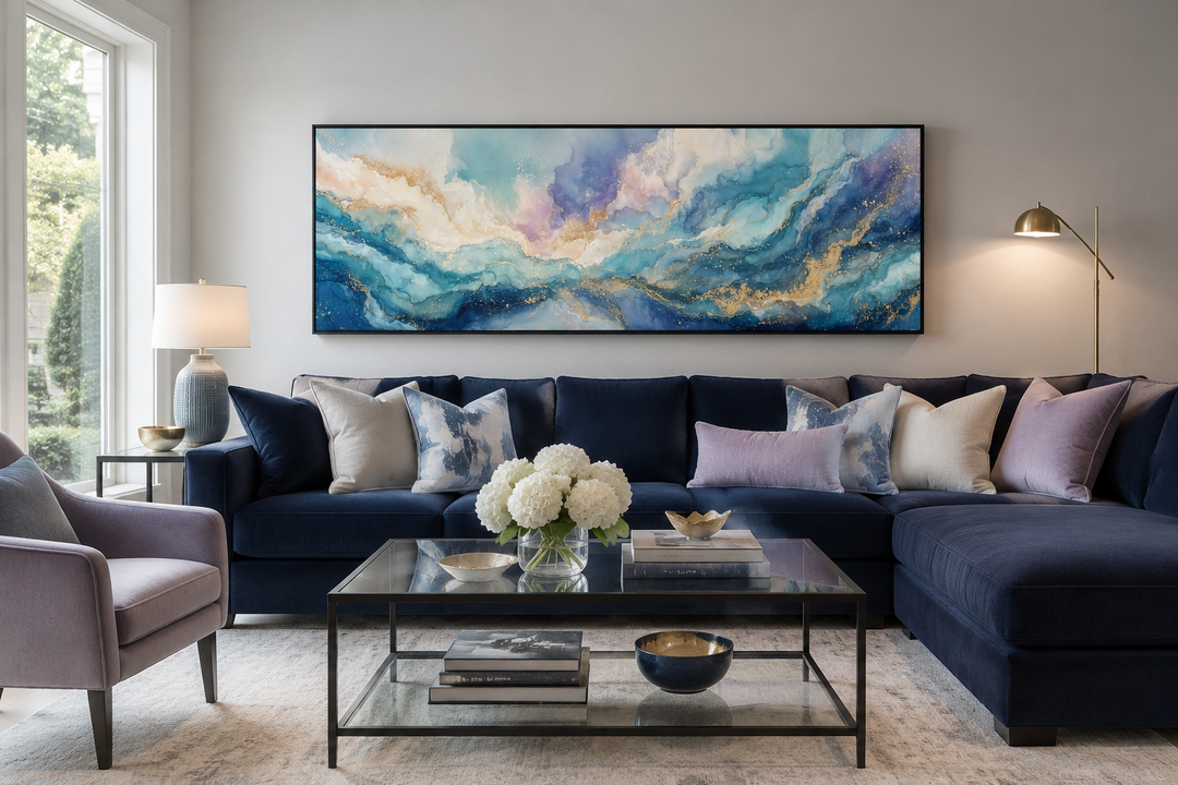 Long horizontal abstract wall art with blue, white, and gold marble textures above a navy sofa.