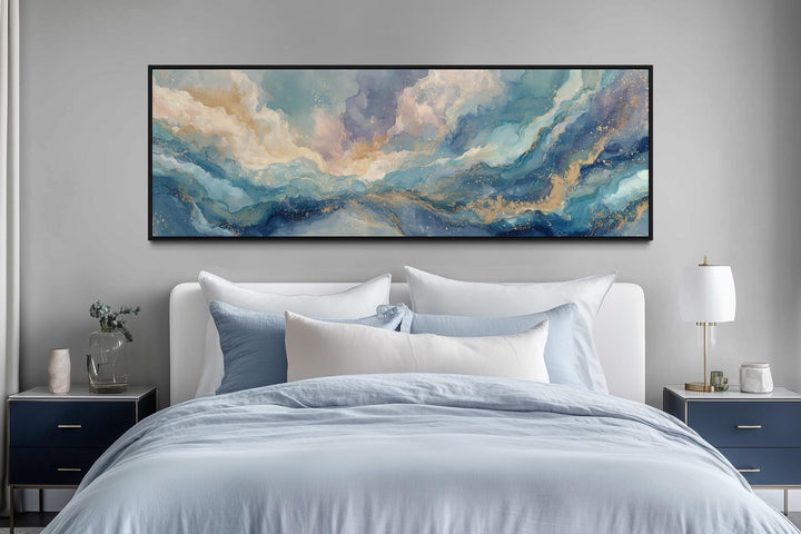 Soft Blue And Gold Abstract Long Horizontal Marble Style Wall Art