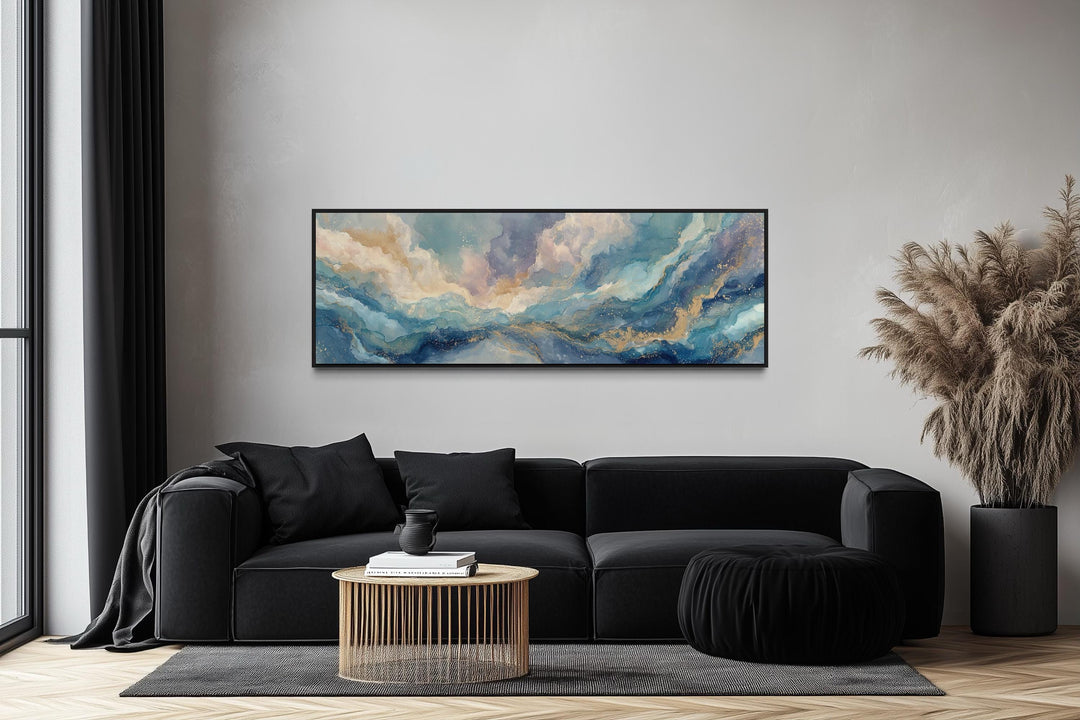 Soft Blue And Gold Abstract Long Horizontal Marble Style Wall Art