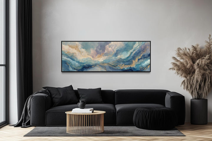 Soft Blue And Gold Abstract Long Horizontal Marble Style Wall Art