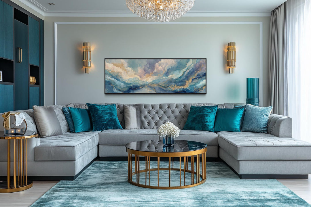 Soft Blue And Gold Abstract Long Horizontal Marble Style Wall Art