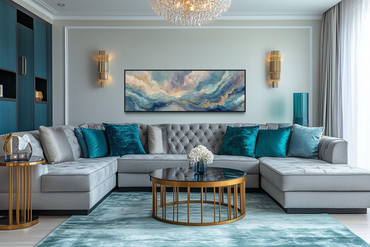 Soft Blue And Gold Abstract Long Horizontal Marble Style Wall Art
