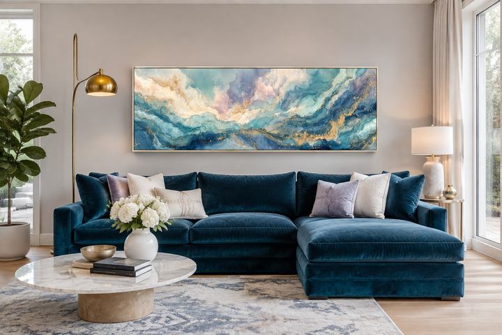 Long horizontal abstract wall art with blue and gold marble textures above a navy velvet sofa.