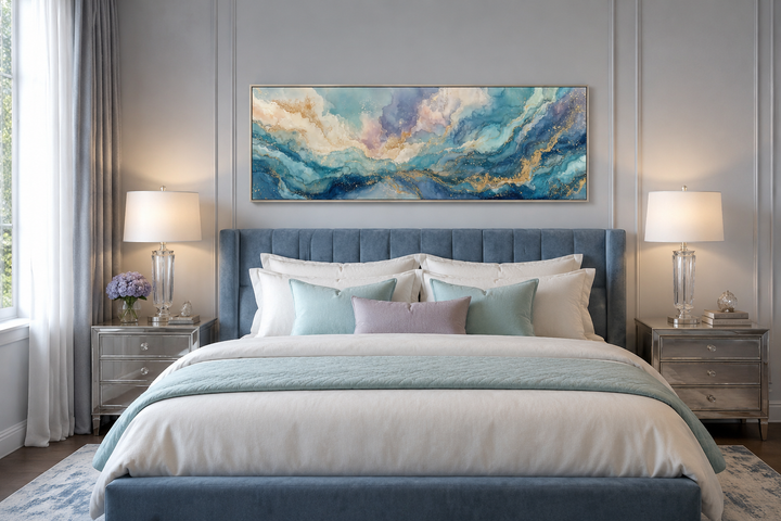 Long horizontal abstract wall art with blue and gold marble textures above a blue velvet bed.