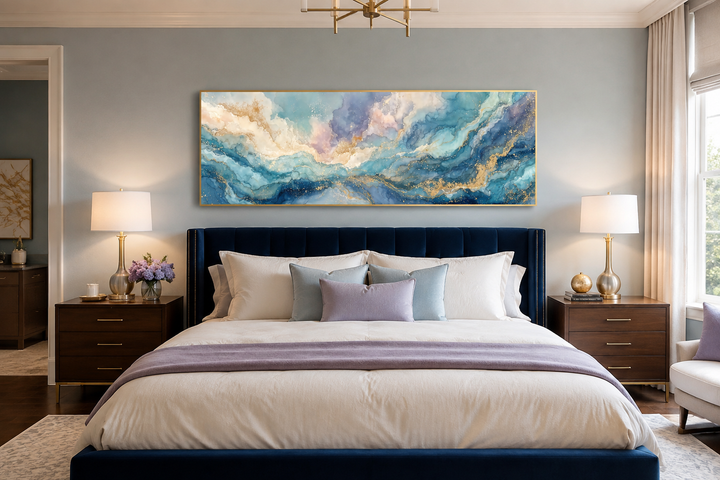 Long horizontal abstract wall art with blue, white, and gold marble textures above a bed.