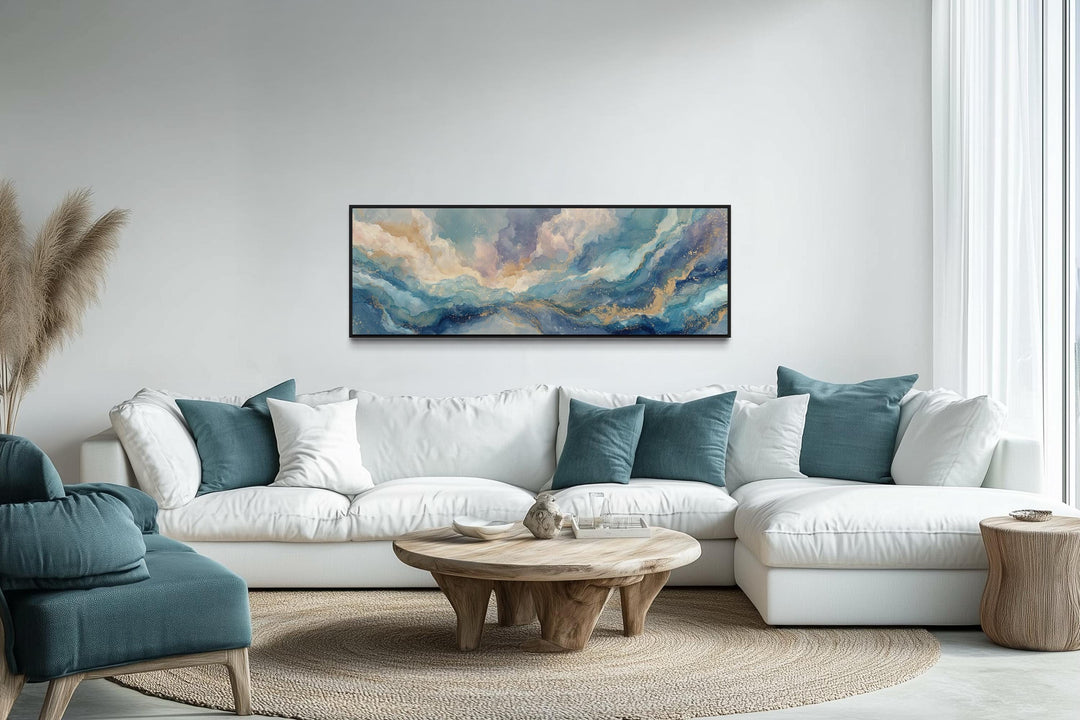 Soft Blue And Gold Abstract Long Horizontal Marble Style Wall Art