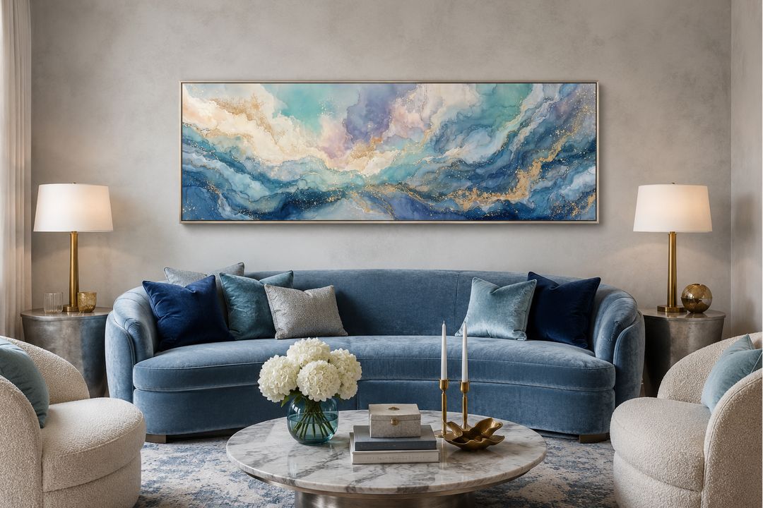 Long horizontal abstract wall art with blue, white, and gold marble textures above a blue sofa.