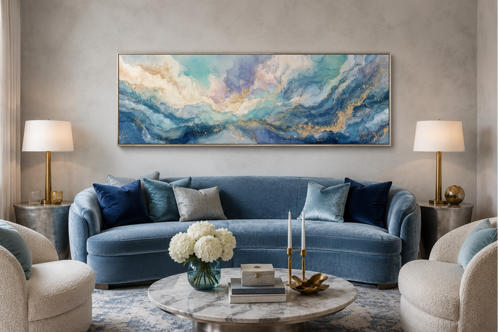 Long horizontal abstract wall art with blue, white, and gold marble textures above a blue sofa.