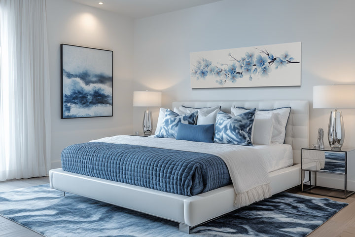 Long horizontal wall art with soft blue blossom flowers hanging above a bed in a modern bedroom.
