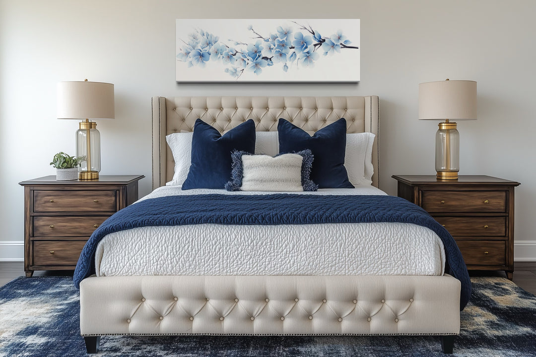 Soft blue blossom flowers long horizontal wall art hanging above a tufted bed in a bedroom.