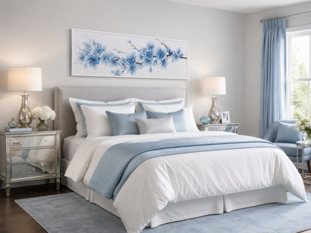 Long horizontal wall art with soft blue blossom flowers hanging above a bed in a serene bedroom.