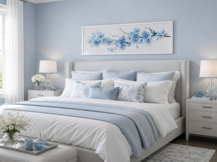 Long horizontal wall art of soft blue blossom flowers on a white background above a bed.