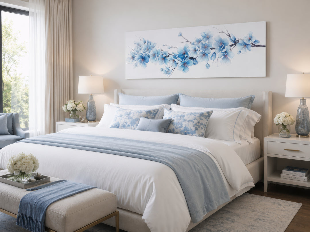 Long horizontal canvas wall art featuring soft blue blossom flowers above a bed in a bedroom.