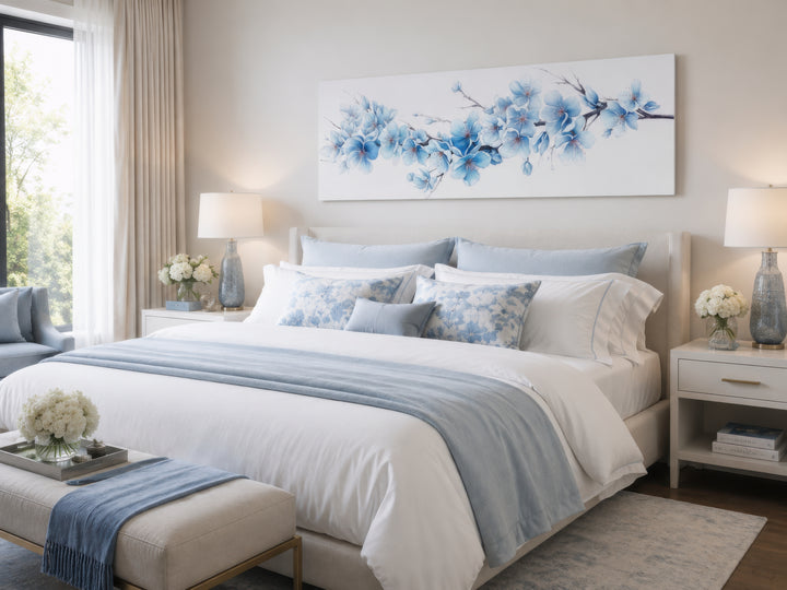 Long horizontal canvas wall art featuring soft blue blossom flowers above a bed in a bedroom.