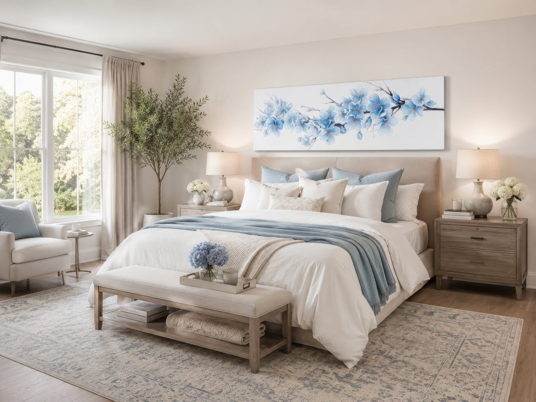 Long horizontal wall art featuring soft blue blossom flowers on a branch above a bed.