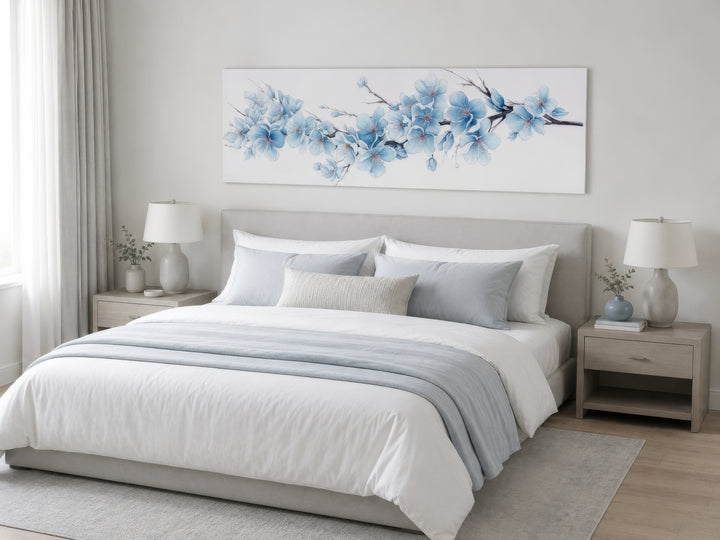 Long horizontal wall art featuring soft blue blossom flowers on a branch above a bed.