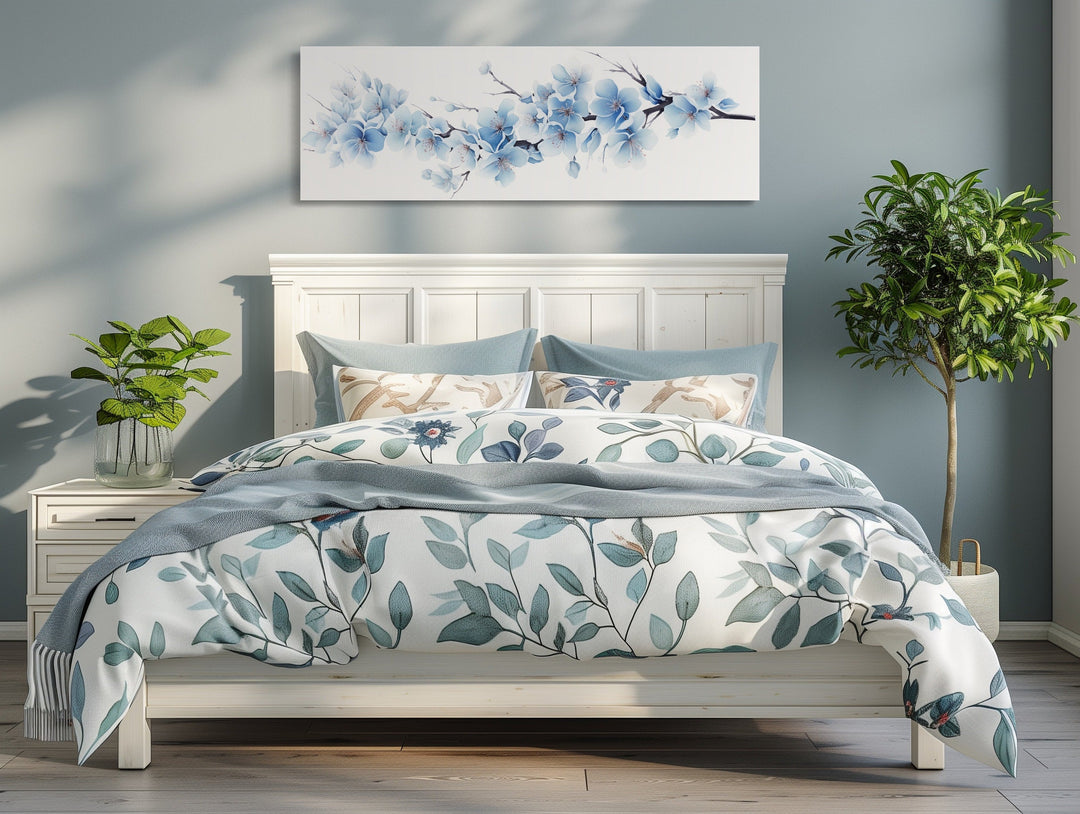 Wall Art For Bedroom - Soft Blue Blossom Flowers Long Horizontal Above Bed Wall Art