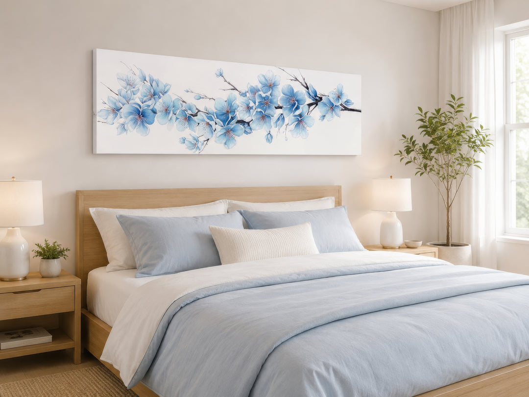Soft blue blossom flowers long horizontal canvas wall art hanging above a bed in a serene bedroom.
