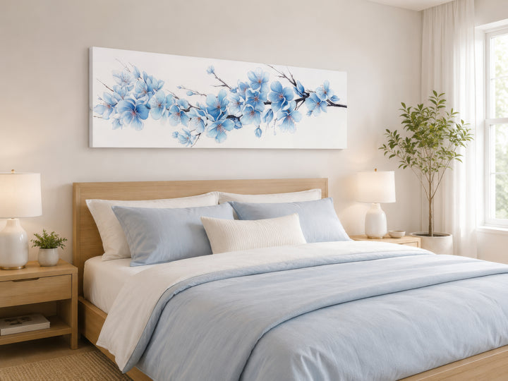 Soft blue blossom flowers long horizontal canvas wall art hanging above a bed in a serene bedroom.