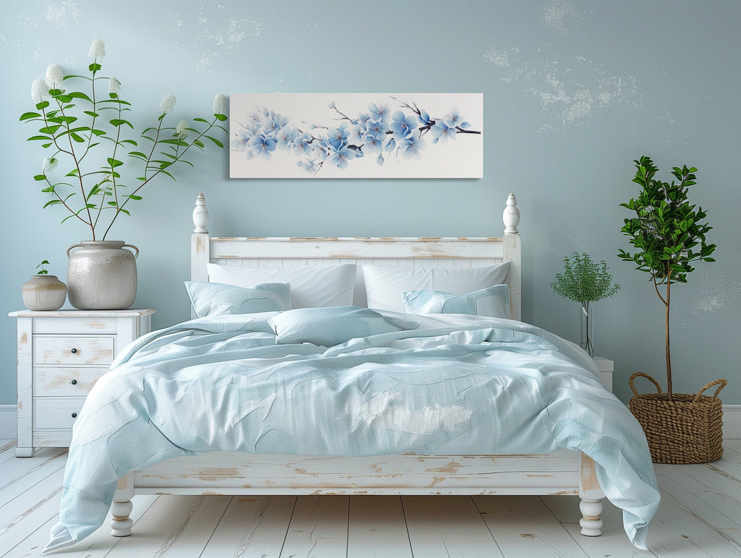 Wall Art For Bedroom - Soft Blue Blossom Flowers Long Horizontal Above Bed Wall Art