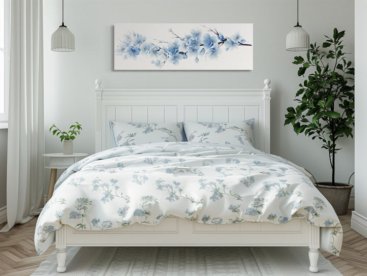 Wall Art For Bedroom - Soft Blue Blossom Flowers Long Horizontal Above Bed Wall Art