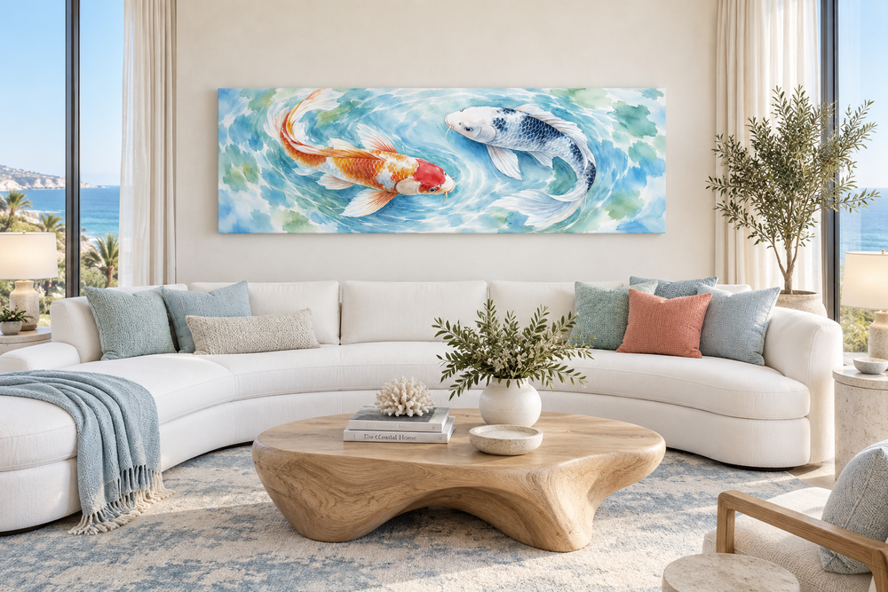 Soft koi fish long horizontal wall art in a watercolor style above a white curved sofa.