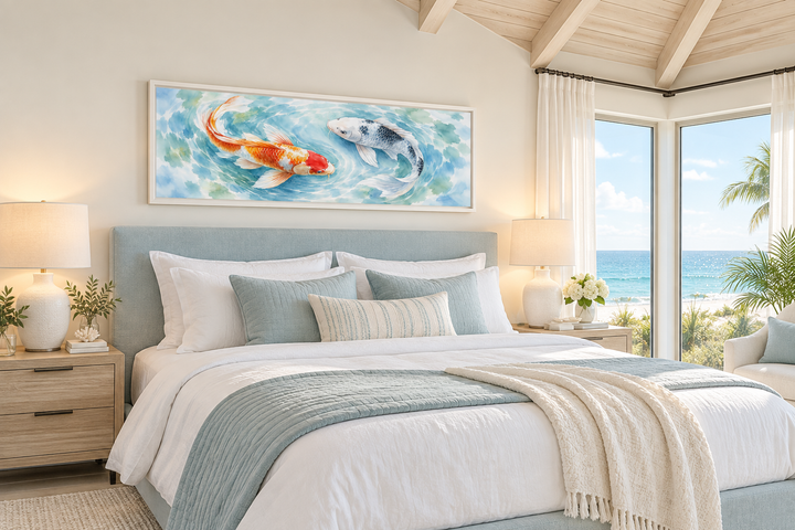 Soft Koi Fish Long Horizontal Wall Art in a watercolor style hanging above a bed in a coastal room.