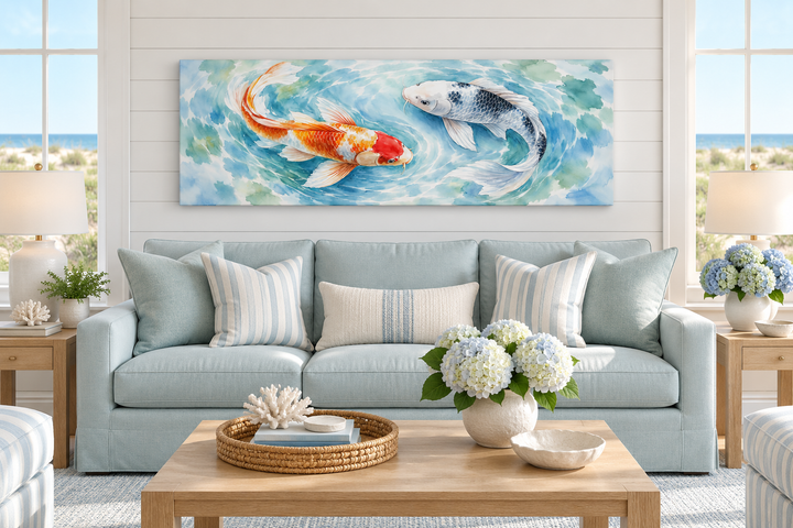 Soft koi fish watercolor painting in a long horizontal canvas above a light blue sofa.