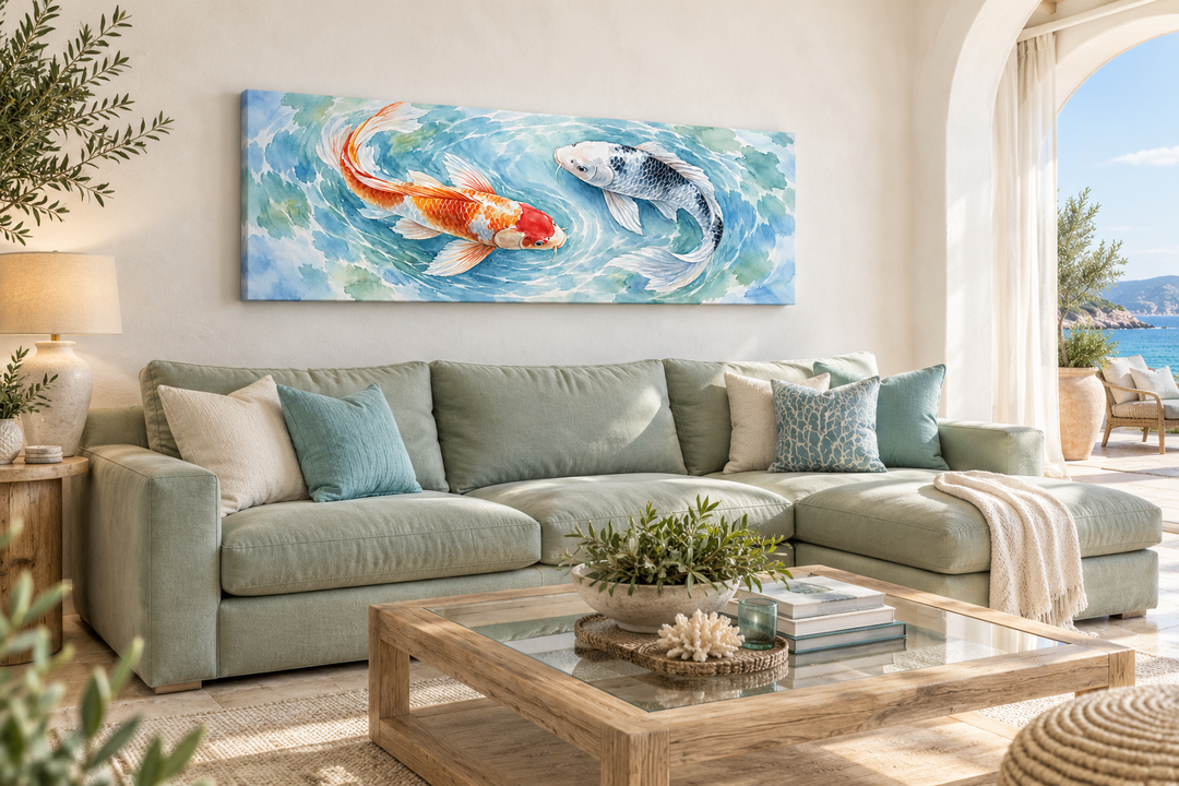 Soft Koi Fish Long Horizontal Wall Art in a watercolor style above a green sofa in a living room.