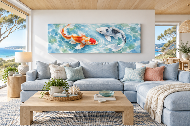 Soft koi fish long horizontal wall art above a blue sofa in a bright, modern living room.