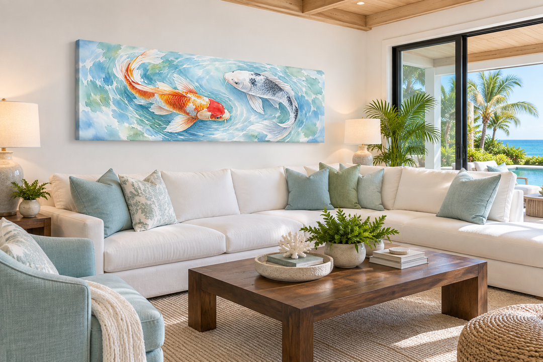 Long horizontal wall art of two koi fish in a watercolor style above a white sectional sofa.