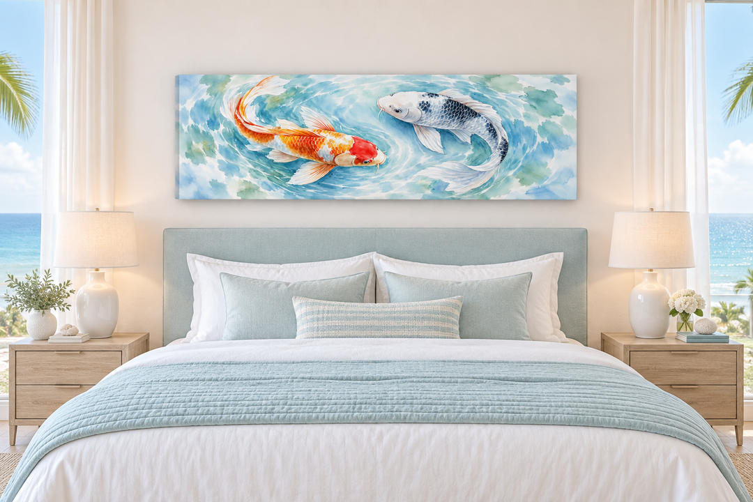 Soft Koi Fish Long Horizontal Wall Art in a watercolor style above a bed in a coastal bedroom.