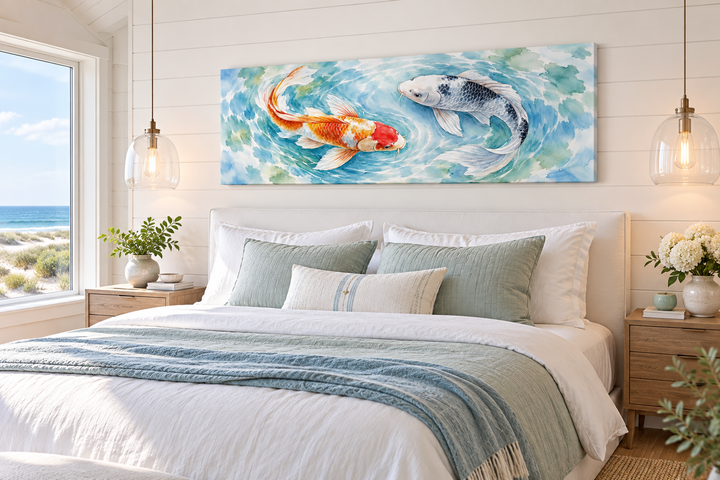 Soft koi fish watercolor canvas print in a serene bedroom above a bed with blue and white bedding.
