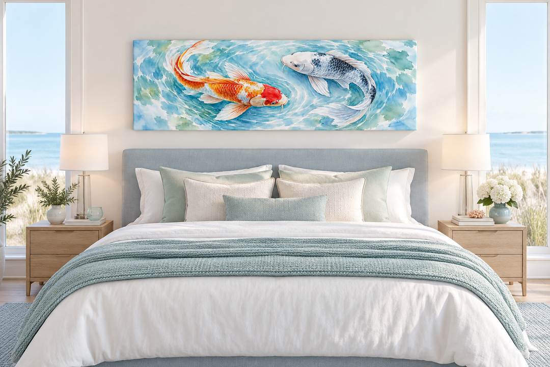 Soft koi fish watercolor wall art in a horizontal panoramic format hanging above a bed.
