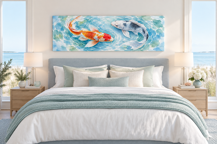 Soft koi fish watercolor wall art in a horizontal panoramic format hanging above a bed.