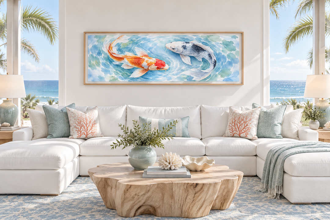 Soft koi fish long horizontal wall art in a wooden frame above a white sofa in a coastal room.
