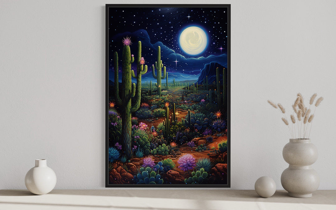 Sonoran Desert At Night Mexican Framed Canvas Wall Art