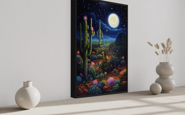 Framed canvas art of a Sonoran desert landscape at night under a full moon.