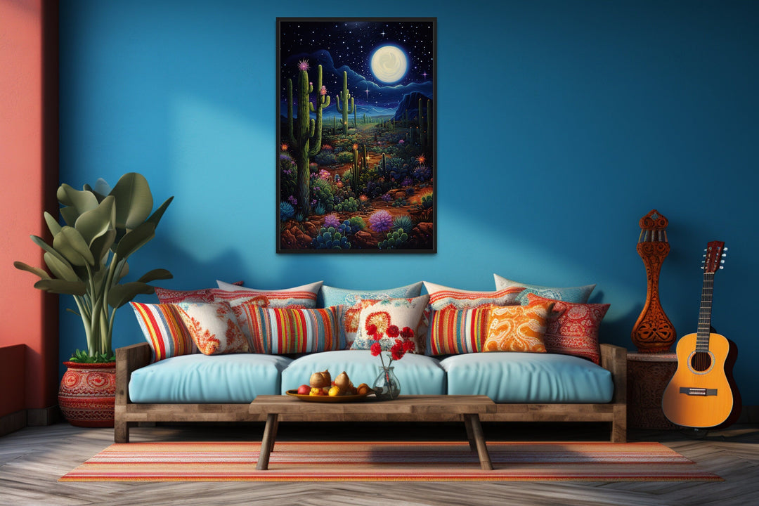 Sonoran Desert At Night Mexican Framed Canvas Wall Art