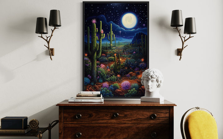 Sonoran Desert At Night Mexican Framed Canvas Wall Art