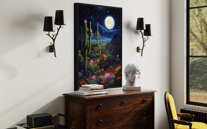 Sonoran Desert At Night Mexican Framed Canvas Wall Art