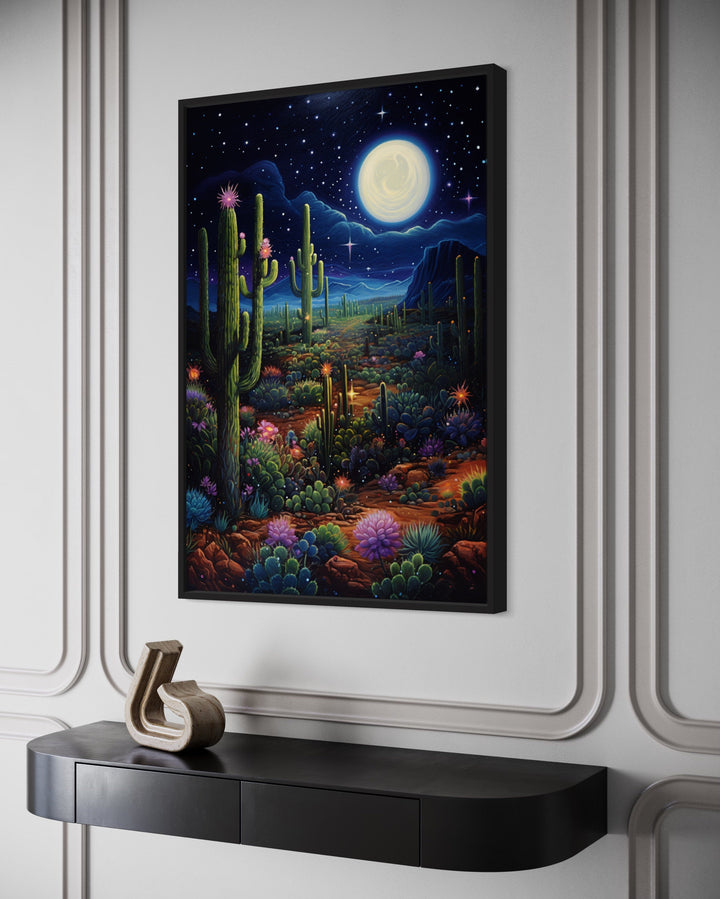 Sonoran Desert At Night Mexican Framed Canvas Wall Art