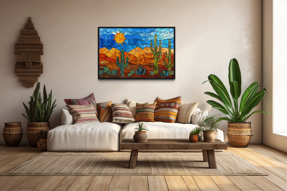 Sonoran Desert With Saguaro Cactus In Stained Glass Style Mexican Framed Canvas Wall Art