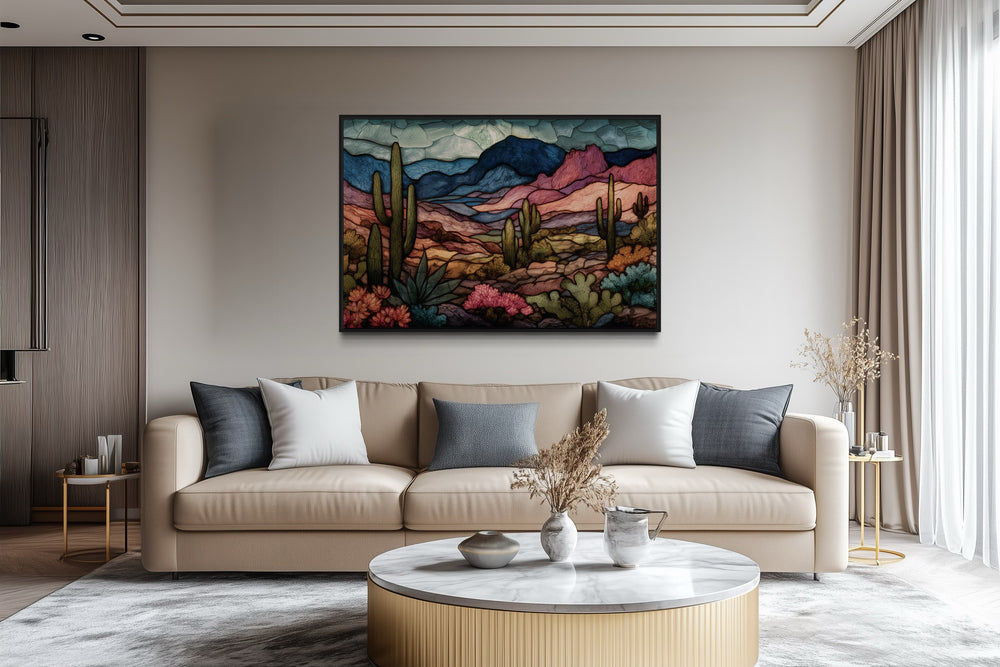 Sonoran Desert With Saguaro Cactus In Stained Glass Style Mexican Framed Canvas Wall Art