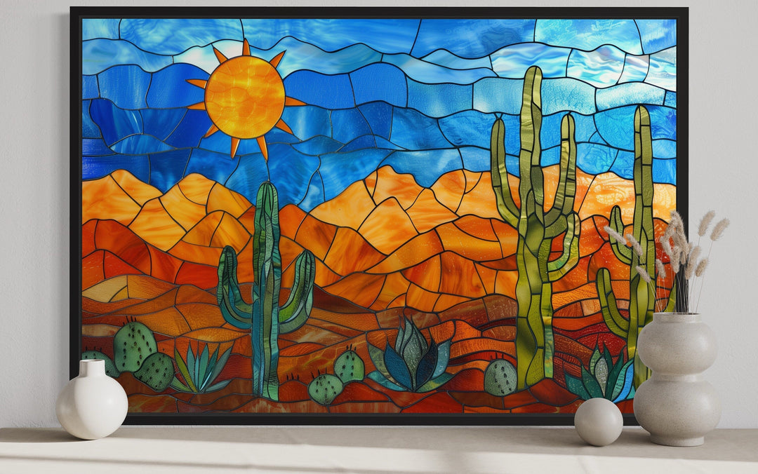 Sonoran Desert With Saguaro Cactus In Stained Glass Style Mexican Framed Canvas Wall Art