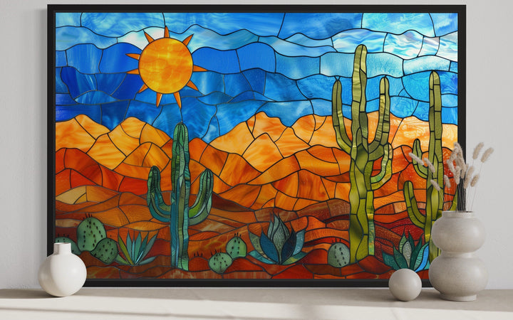 Sonoran Desert With Saguaro Cactus In Stained Glass Style Mexican Framed Canvas Wall Art