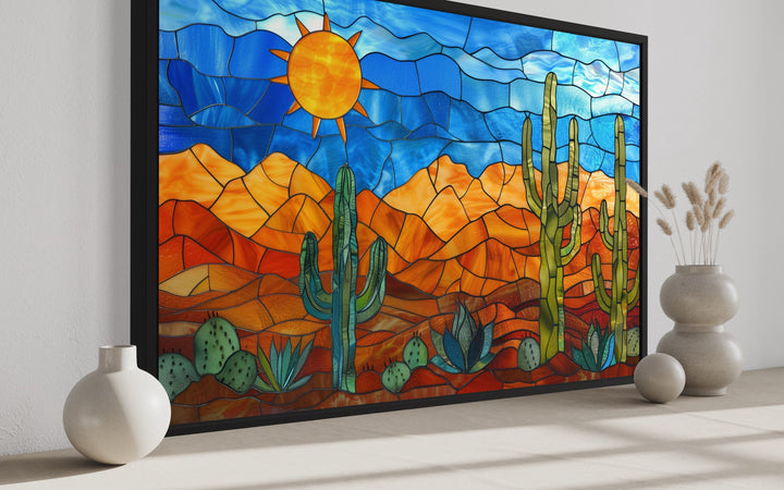 Sonoran Desert With Saguaro Cactus In Stained Glass Style Mexican Framed Canvas Wall Art