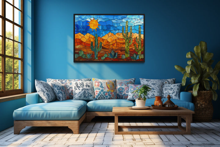 Sonoran Desert With Saguaro Cactus In Stained Glass Style Mexican Framed Canvas Wall Art