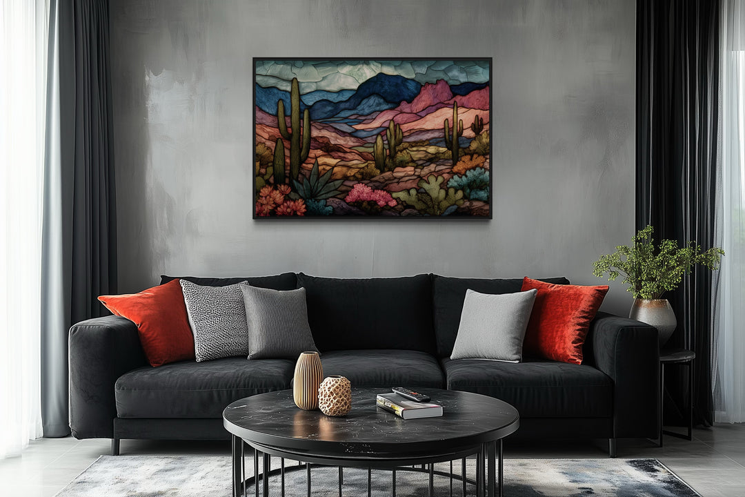 Sonoran Desert With Saguaro Cactus In Stained Glass Style Mexican Framed Canvas Wall Art
